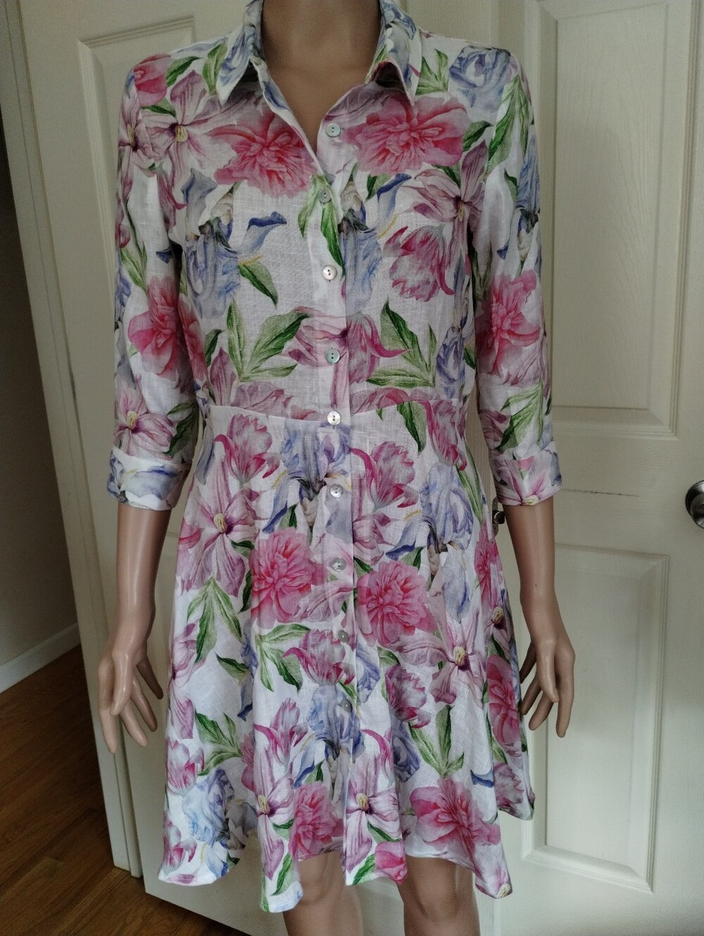 Sesto Senso  Linen Floral Button-Front Mini Dress in Pink & Blue XS